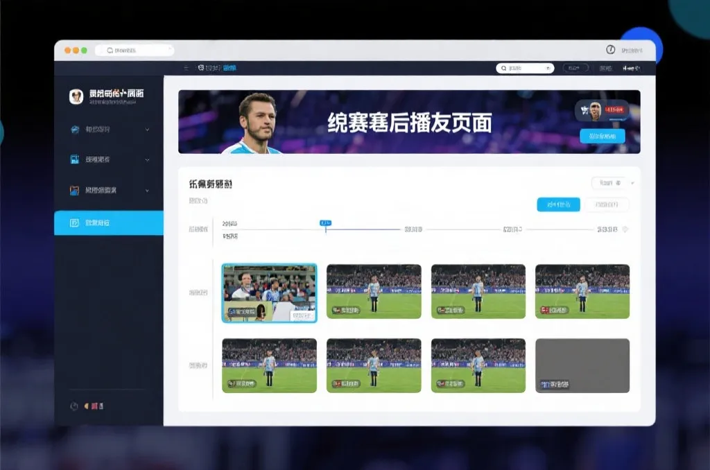 比赛结束后，电视屏幕展示集锦回放页面，旁边有时间轴和多角度切换提示